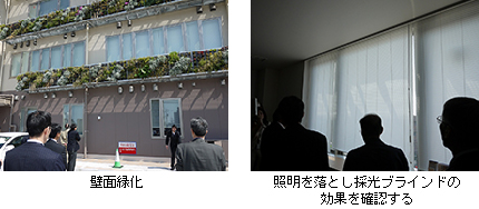 「壁面緑化」と「照明を落とし採光ブラインドの効果を確認する」の写真